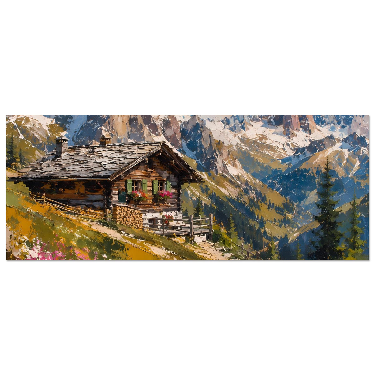 Poster mit Berglandschaft und Hütte, bunt abstrahierter Himmel, horizontale Ansicht