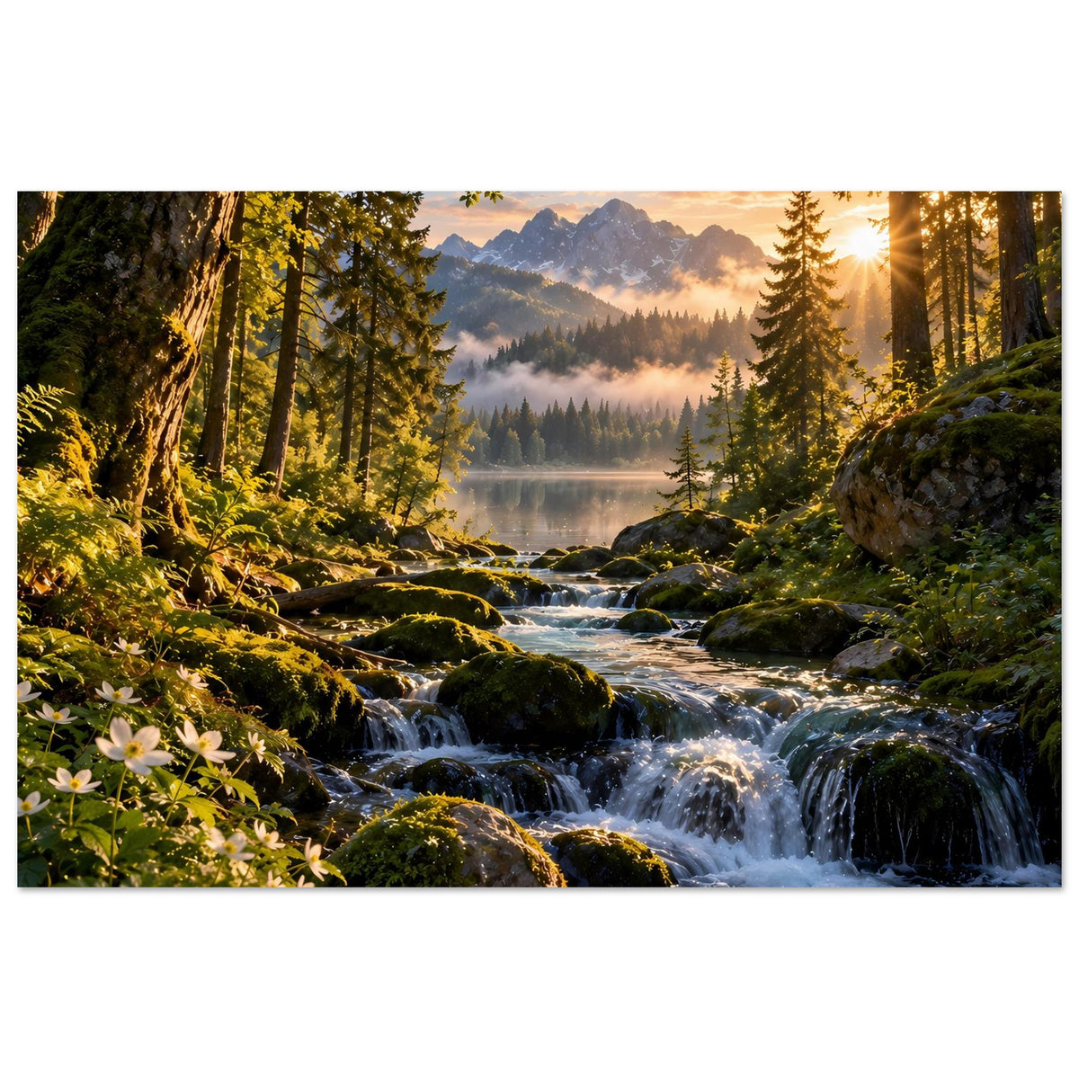 Wasserfall-Poster auf mattem Premiumpapier mit Blumenstrauch im Vordergrund und Wasserfall