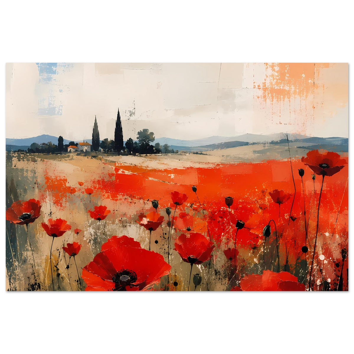 Poster mit roten Mohnblumen und abstrakter Landschaft, mit schwarzem Rahmen und Blüten vorn.