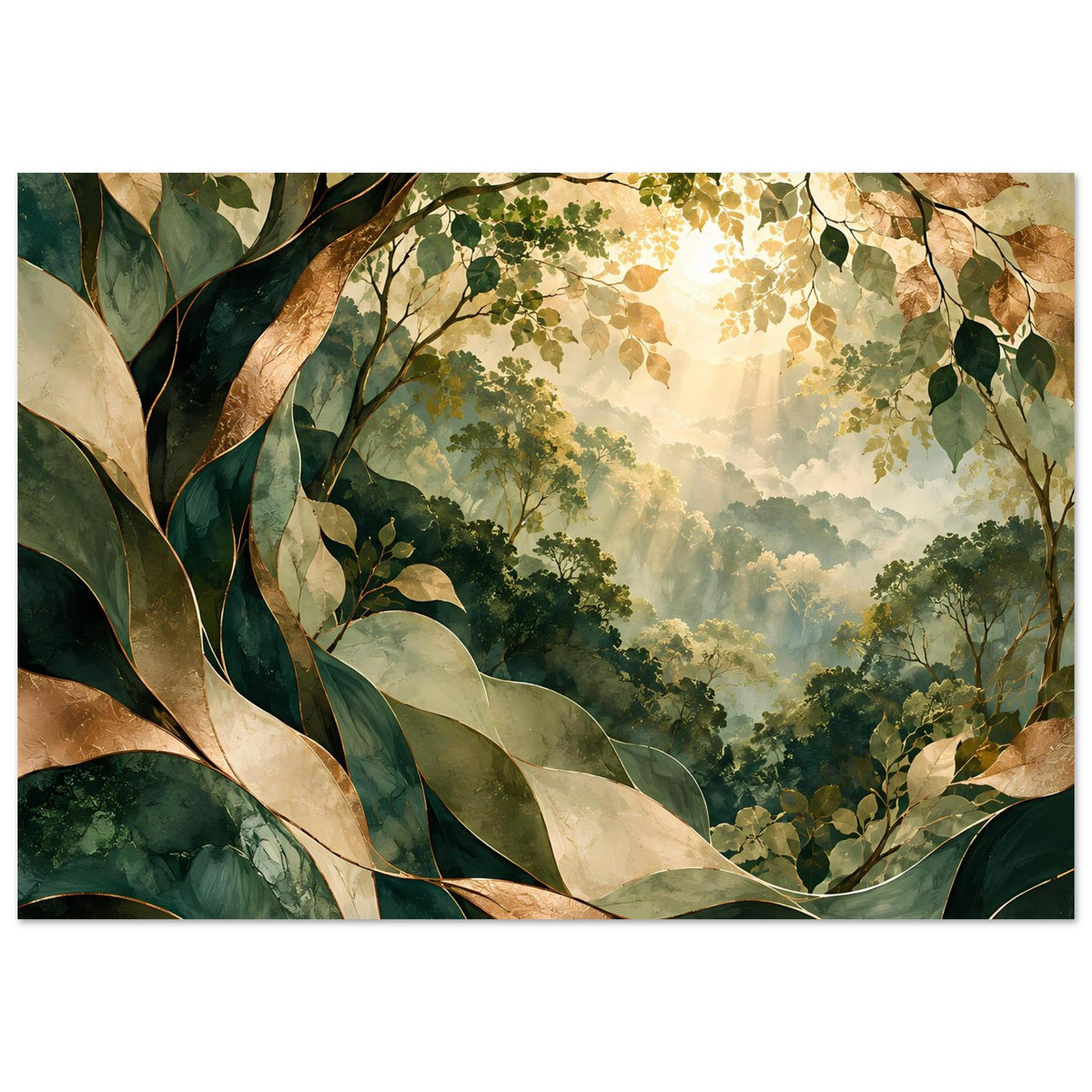 Horizontales Naturposter mit grünen Laubtönen, goldenen Blättern und tiefem Grün