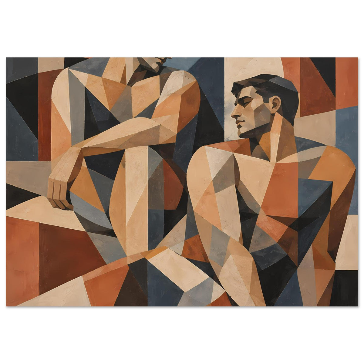 Geometrisches Kunstposter im Querformat mit zwei Figuren, beige, orange und dunkelblauen Flächen