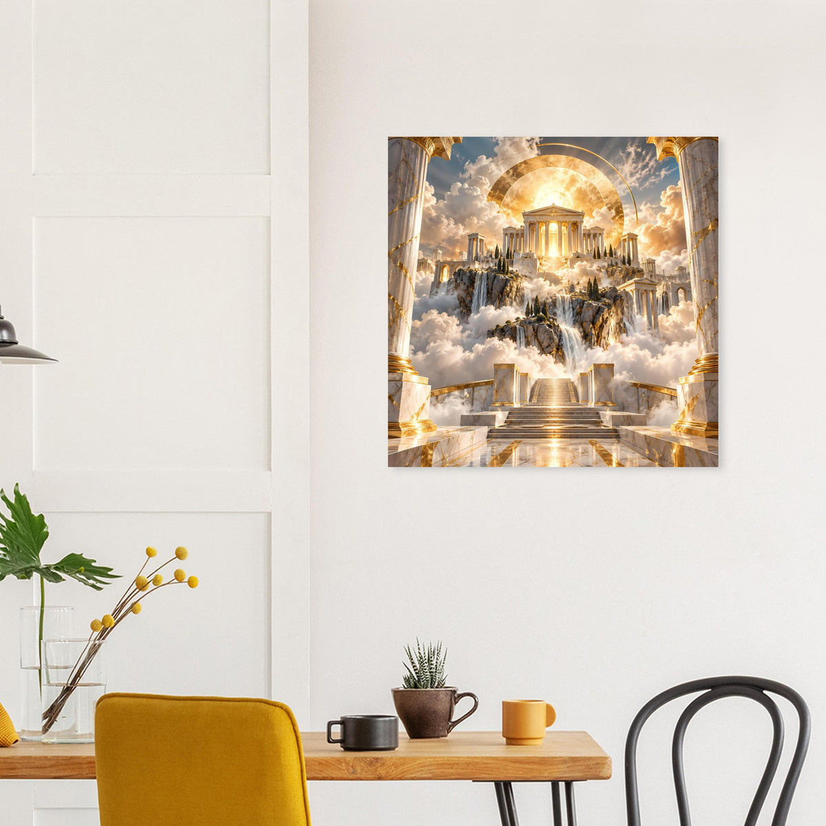 Wandposter mit goldenem Tempelmotiv, kreisförmiger Lichtglut und Wasserfontänen