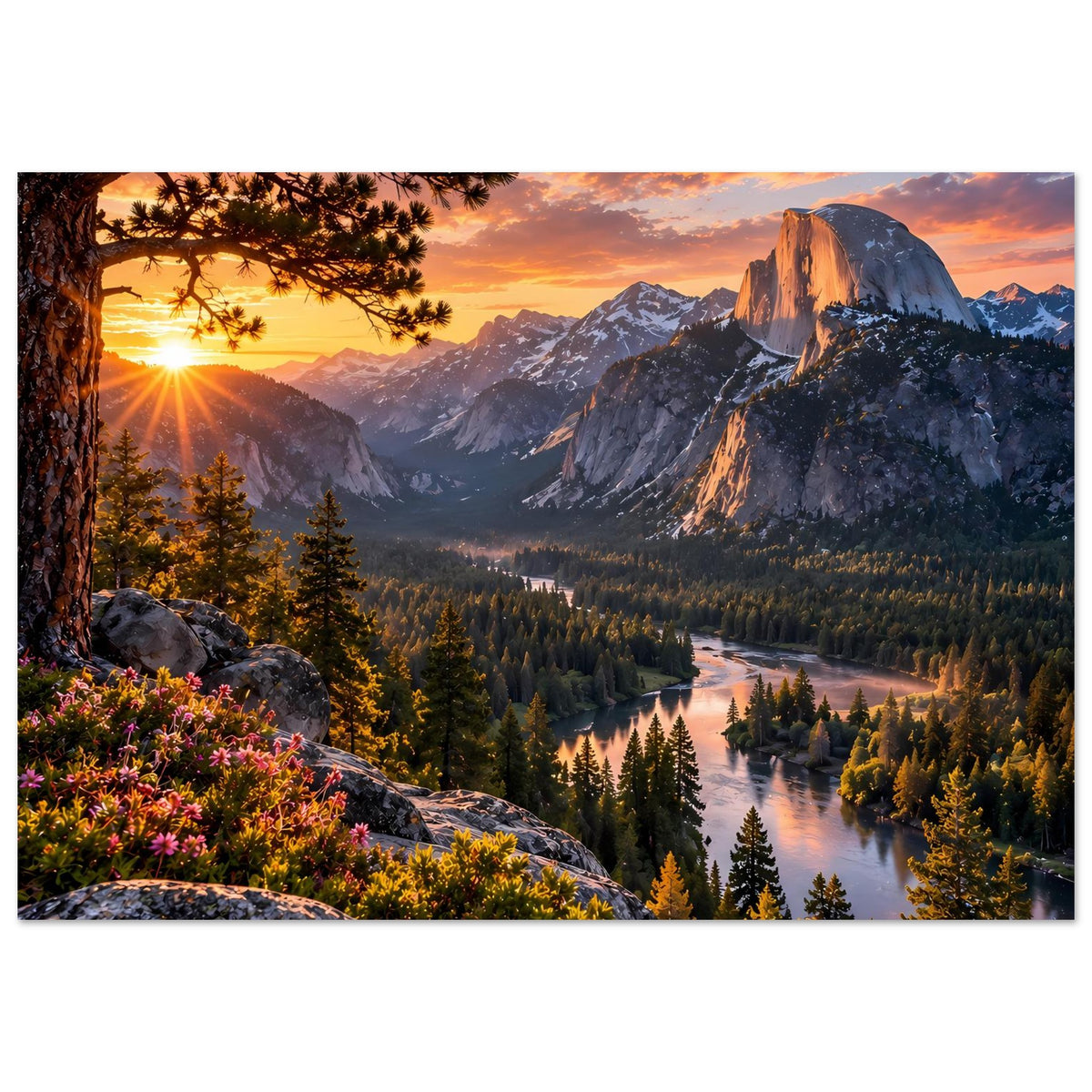 Poster mit Berglandschaft bei Sonnenuntergang: Fluss im Tannenwald, markante Felswand
