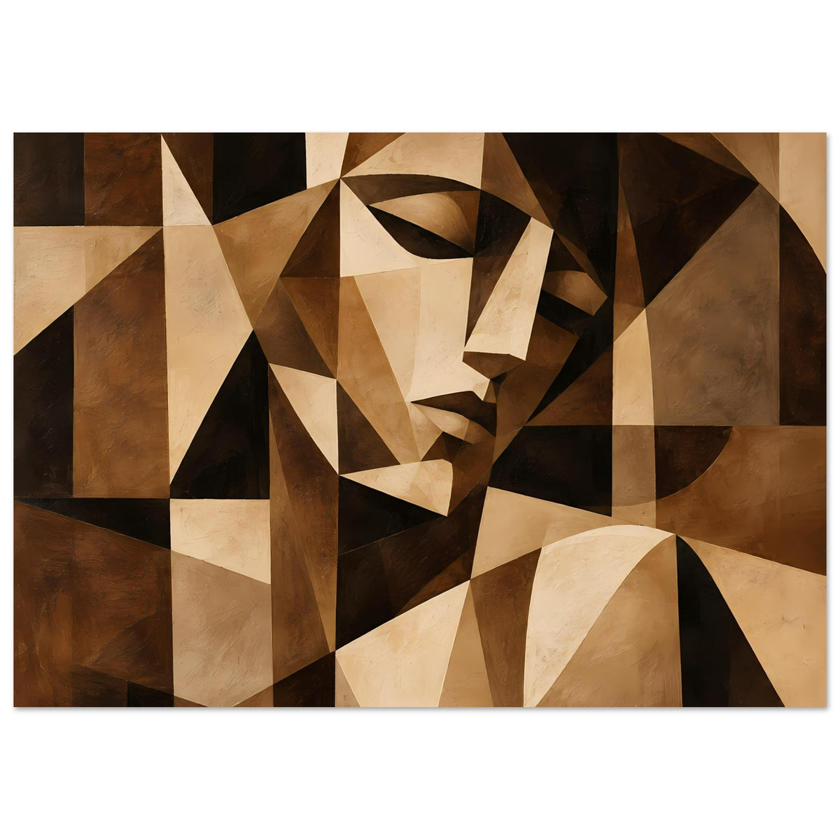 Abstraktes Kunstposter mit Gesichtsmotiv aus geometrischen Formen in Braun und Beige