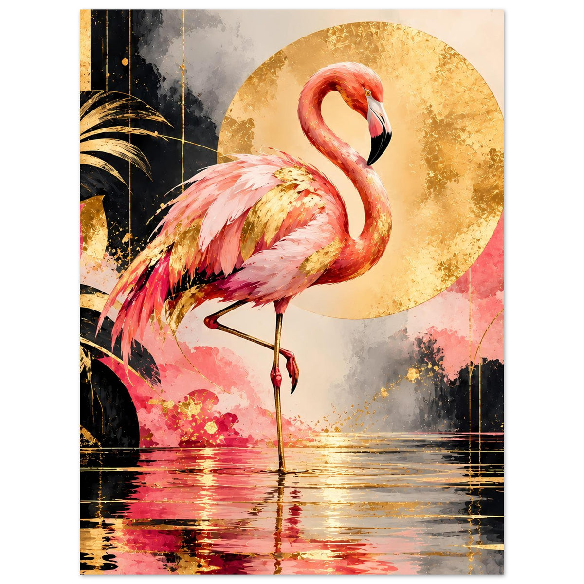Tierposter mit Flamingo in Pink, goldener Kreis und Wasserreflexionen