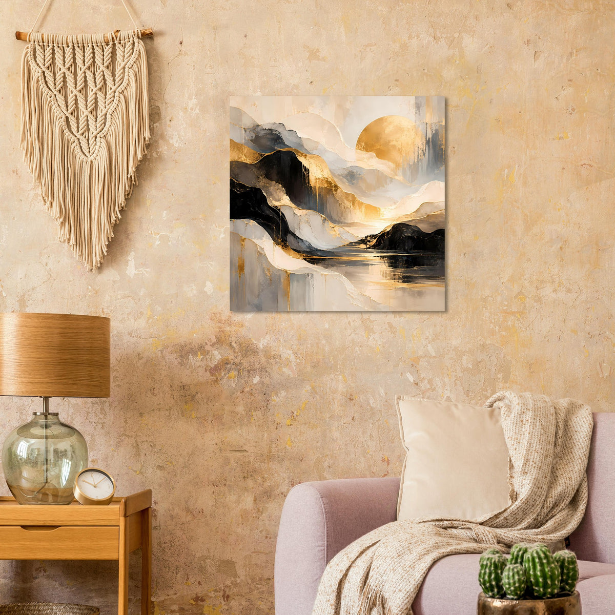 Abstraktes Kunstposter: goldene Wolken, schwarze Felsen und Spiegelung im See, gerahmt