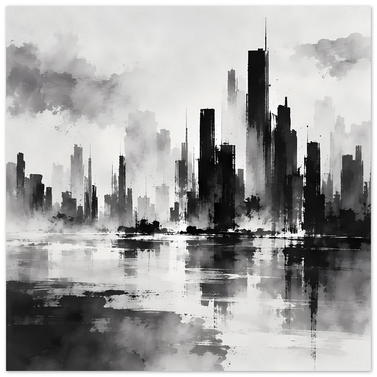 Schwarzweiß-Poster im Hochformat mit Skyline-Silhouette und vereinzelten Gebäudeskizzen