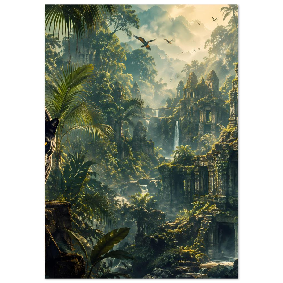 Poster im Hochformat mit schwarzem Panther links, tropischer Vegetation und Ruinen