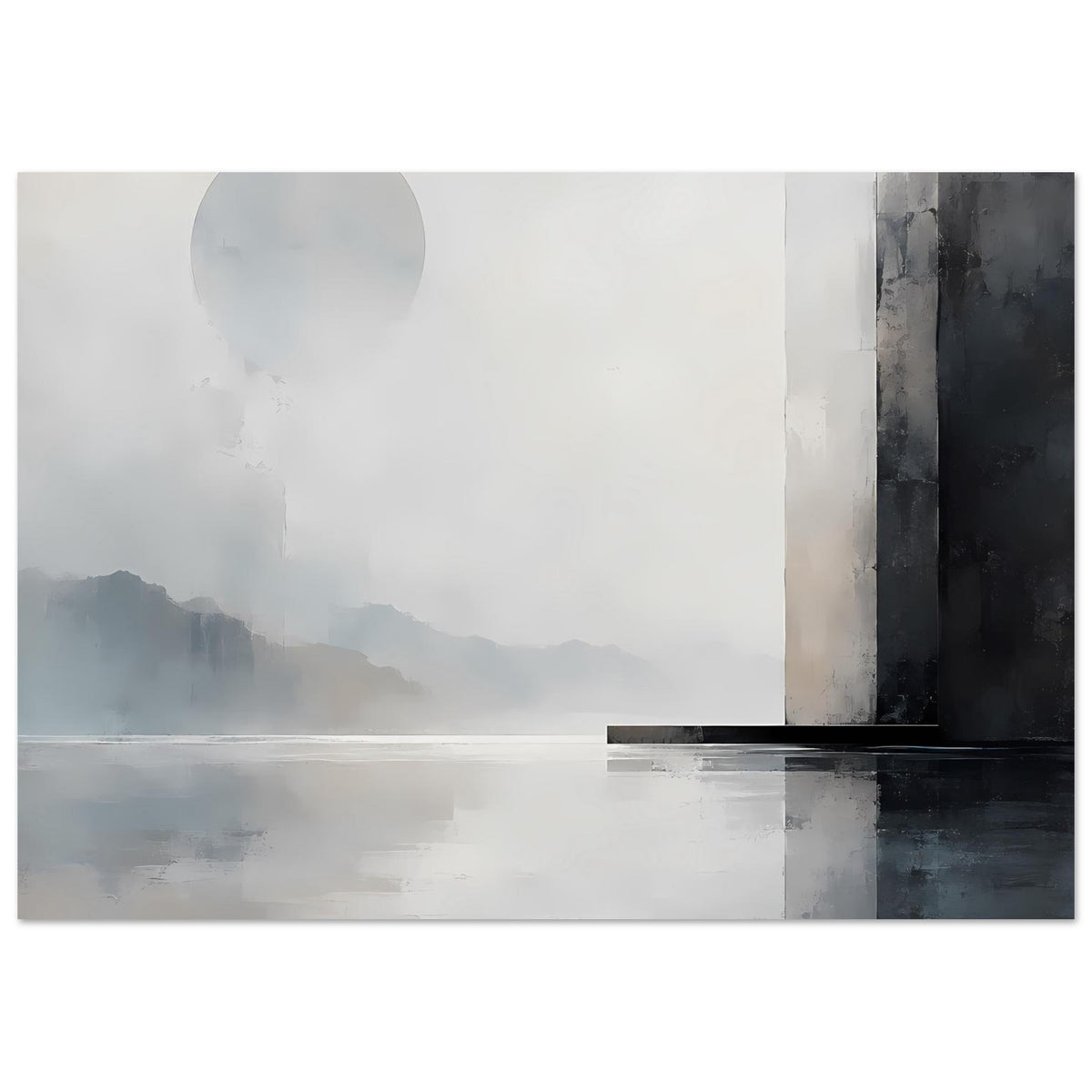 Monochromes Landschafts-Poster mit Halbsonne, Reflexionslinie unten und dunklem Streifen rechts