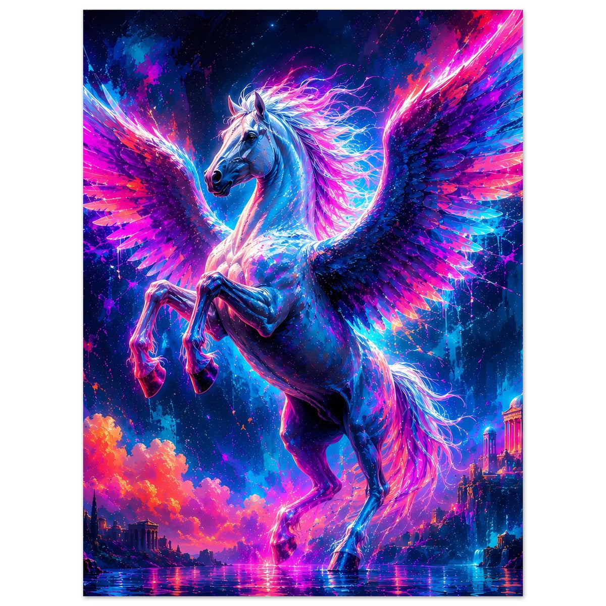 Leuchtendes Pegasus-Poster, blauer Pegasus mit leuchtenden Flügeln in Neon-Pink und -Blau