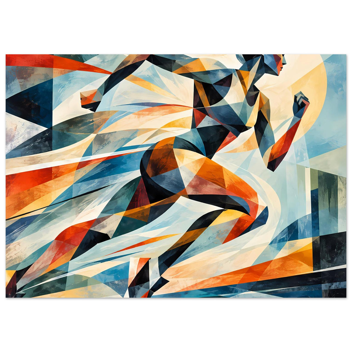 Abstraktes Poster (Querformat) mit Läufer-Figur und grafischen Streifen in Blau und Orange