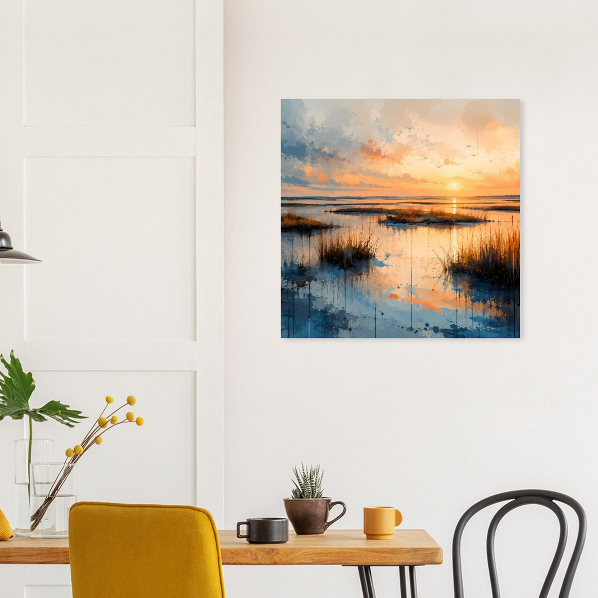 Quadratisches Poster mit Küstenlandschaft im Abendlicht, Sonne am Horizont