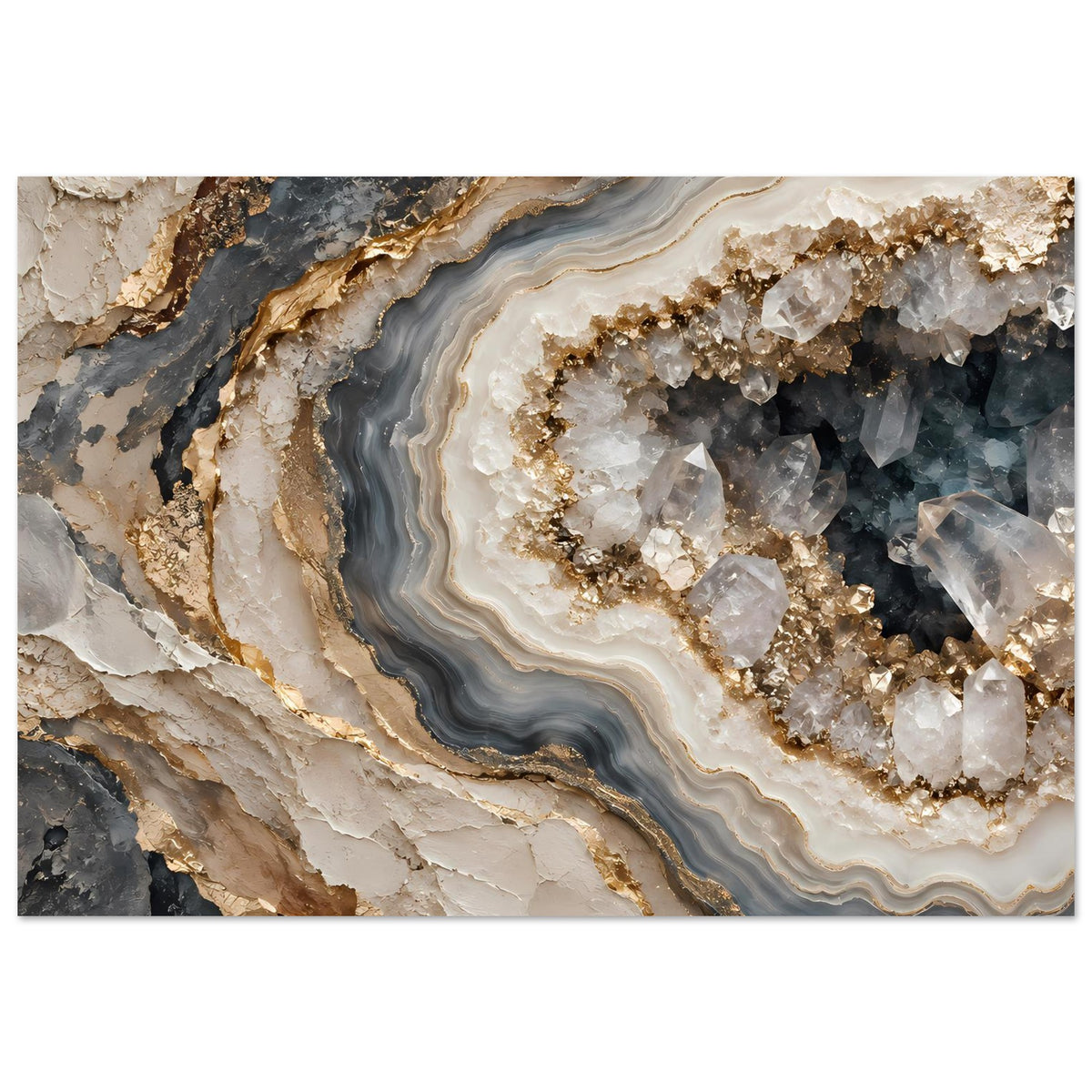 Poster mit Geoden-Schichten in Creme, Rauchgrau und Gold, horizontal