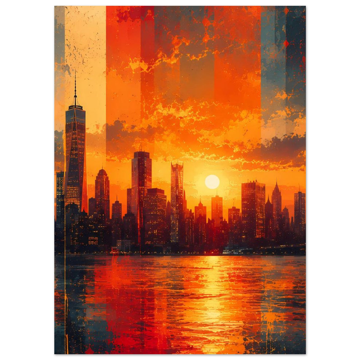 Stadtposter im Querformat: Skyline vor Sonnenuntergang, roter Himmel und Licht auf dem Wasser