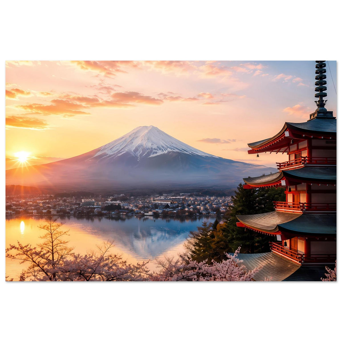 Japanisches Landschaftsposter mit Fuji, Kirschblüten, rotem Tempel und Wasserreflexionen