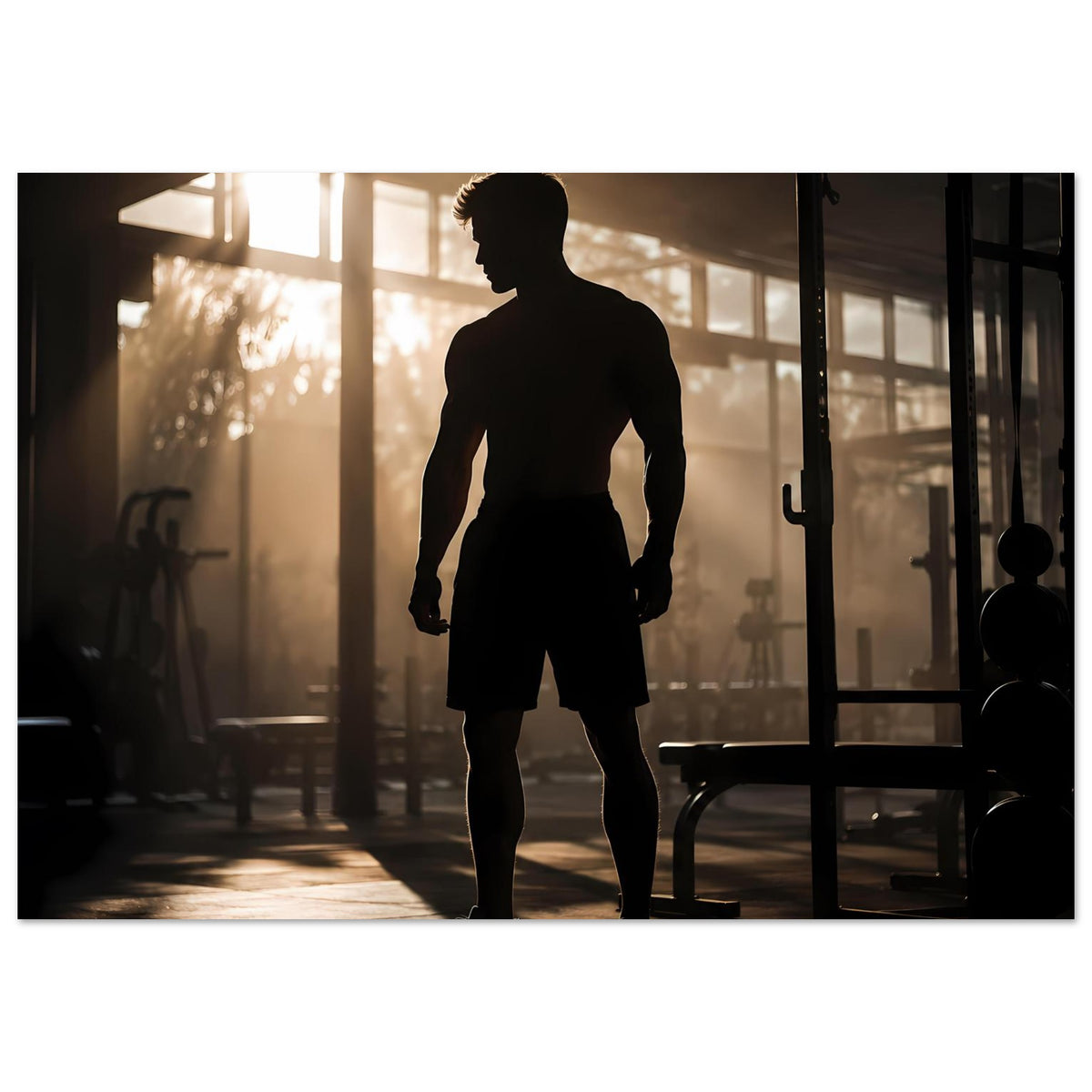 Horizontales Fitness-Poster mit schwarzer Silhouette eines Athleten im Gym