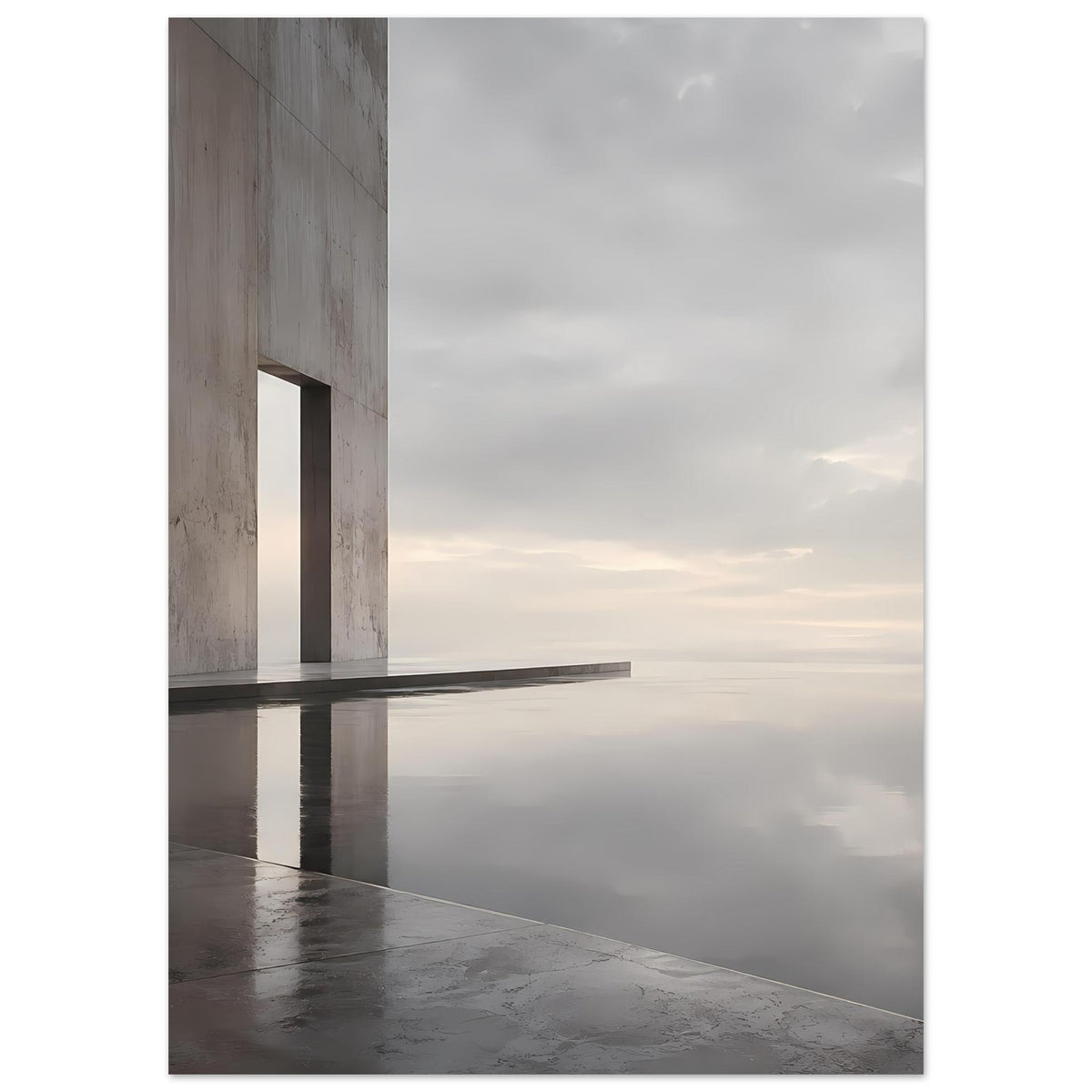 Architektur-Poster im Hochformat: helle Betonwand links, Spiegelung in grauem Wasser