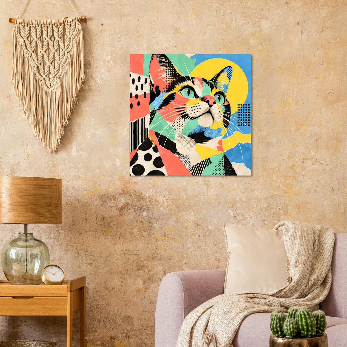 Pop-Art-Katzenposter mit Katzenkopf-Illustration im kräftigen Farbmix