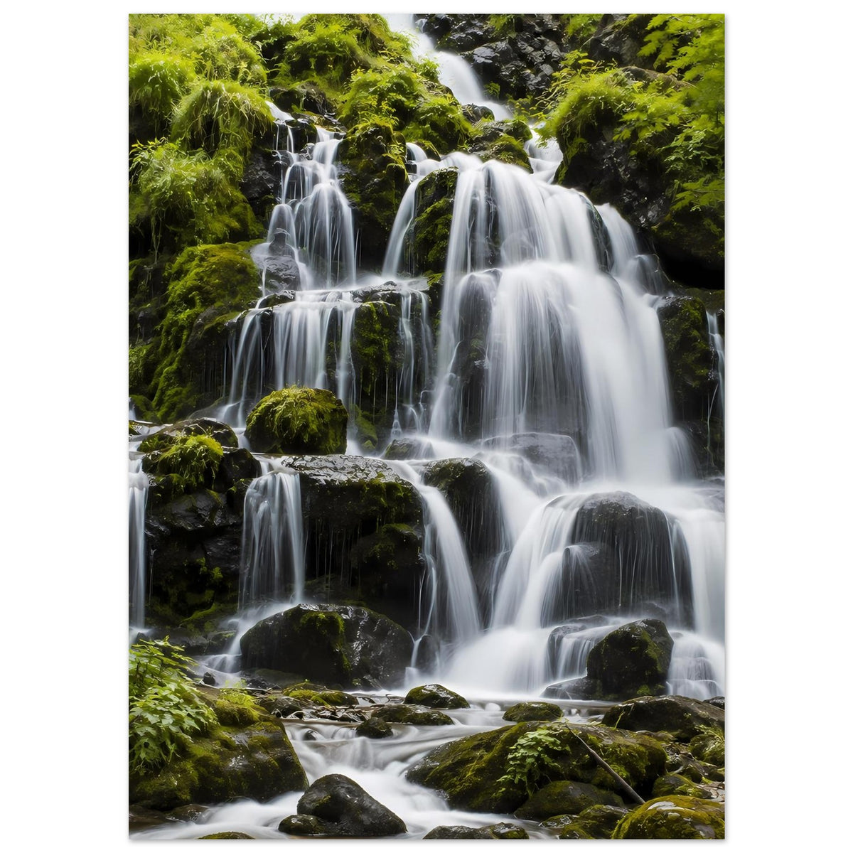 Wasserfall-Poster (hochkant) mit Wasserfällen, Moospolstern und hellen Bachstellen