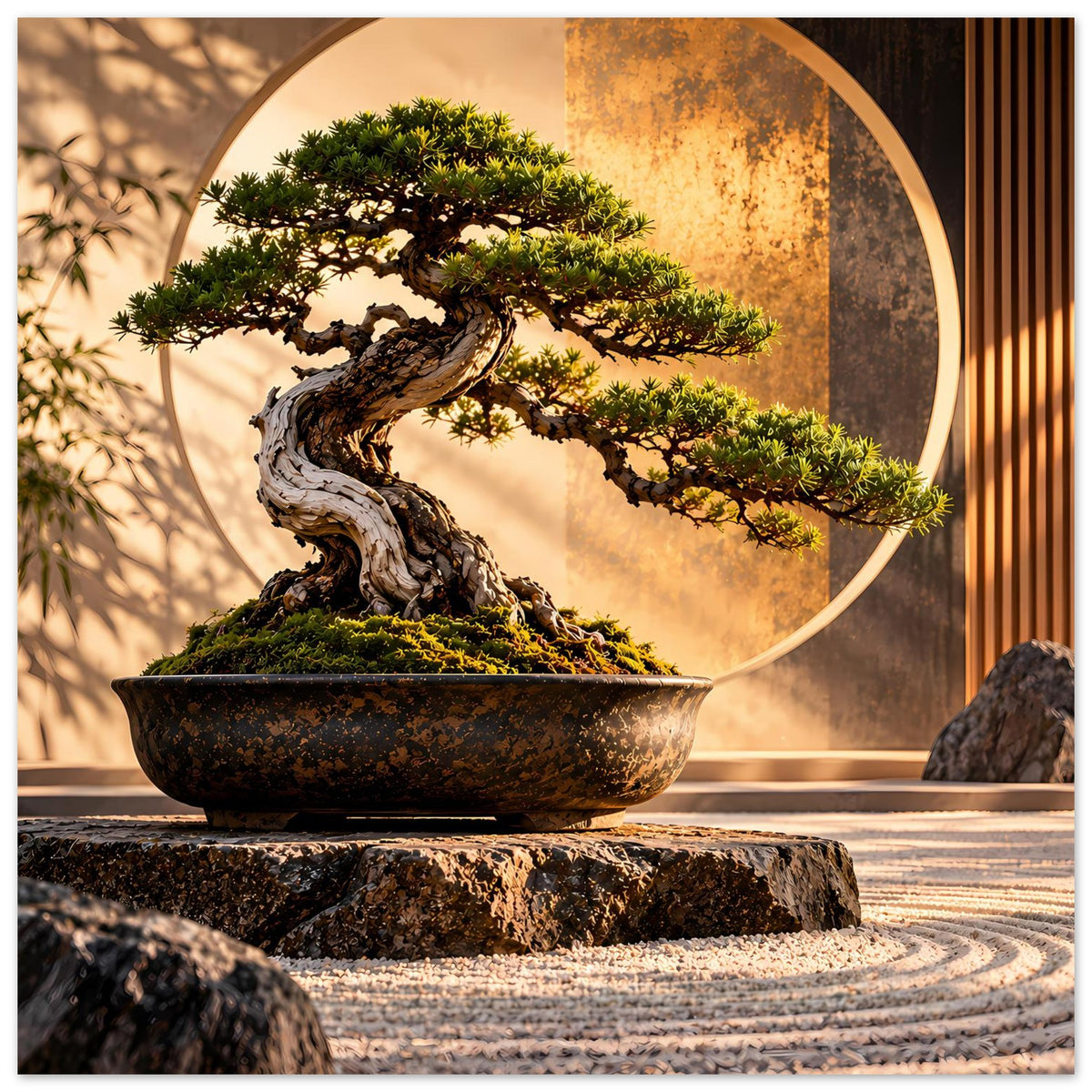 Poster mit Bonsai und Moospolster in Schale, goldener Halbkreis sowie Zen-Steine