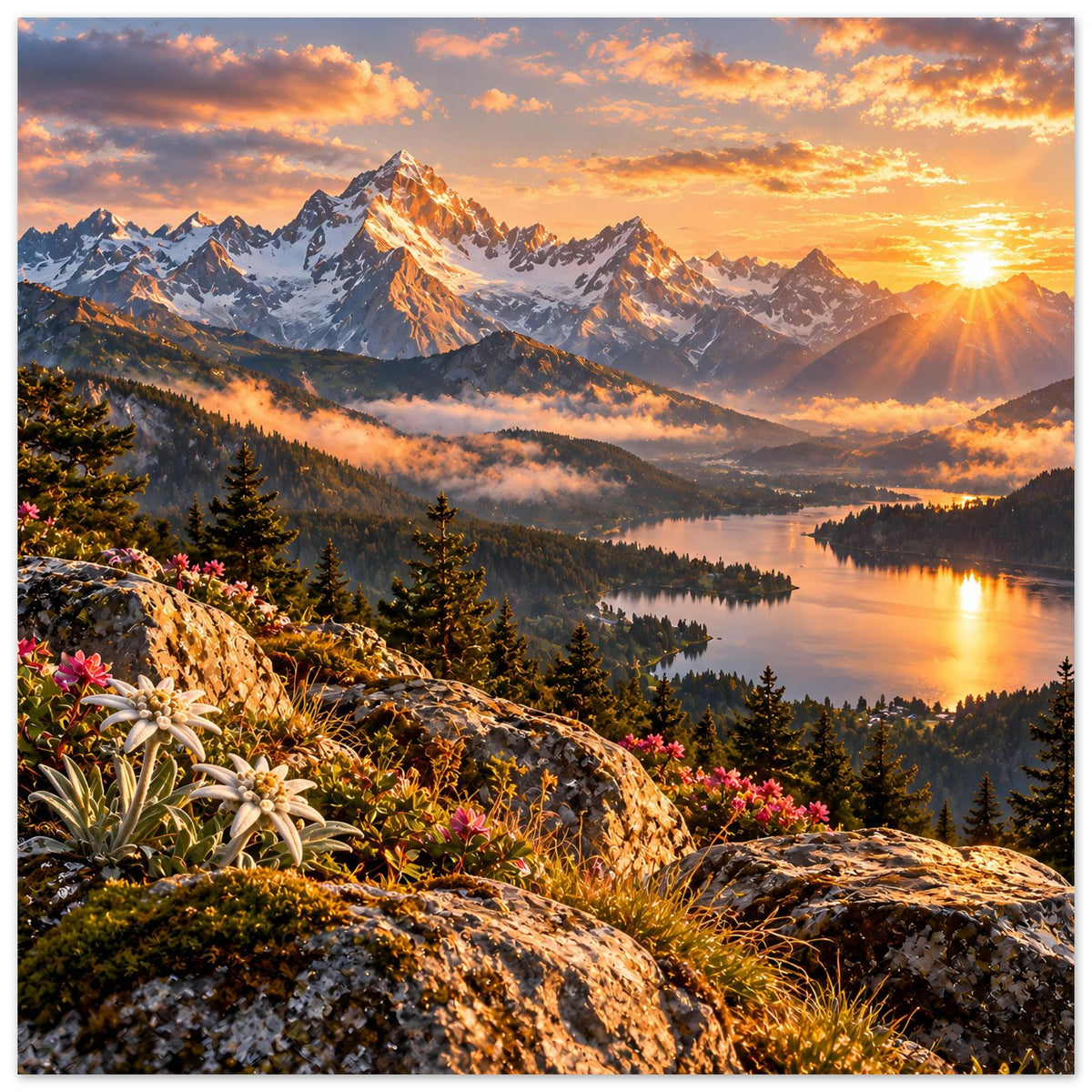 Poster mit Berglandschaft bei Sonnenaufgang: Gipfel, Nebel im Tal und See mit Lichtreflexen