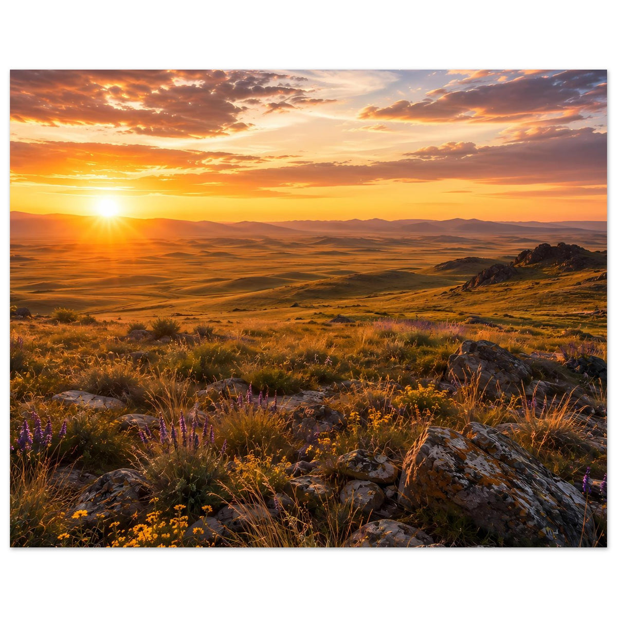 Naturposter mit Sonnenaufgang am Horizont, Landschaft mit Gras, Steinen und Felsbrocken