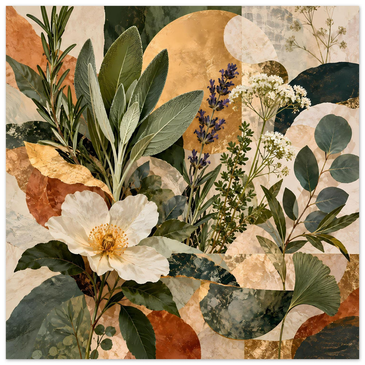 Botanisches Poster mit weißer Blüte und Büscheln aus violetten und cremefarbenen Blüten, warm