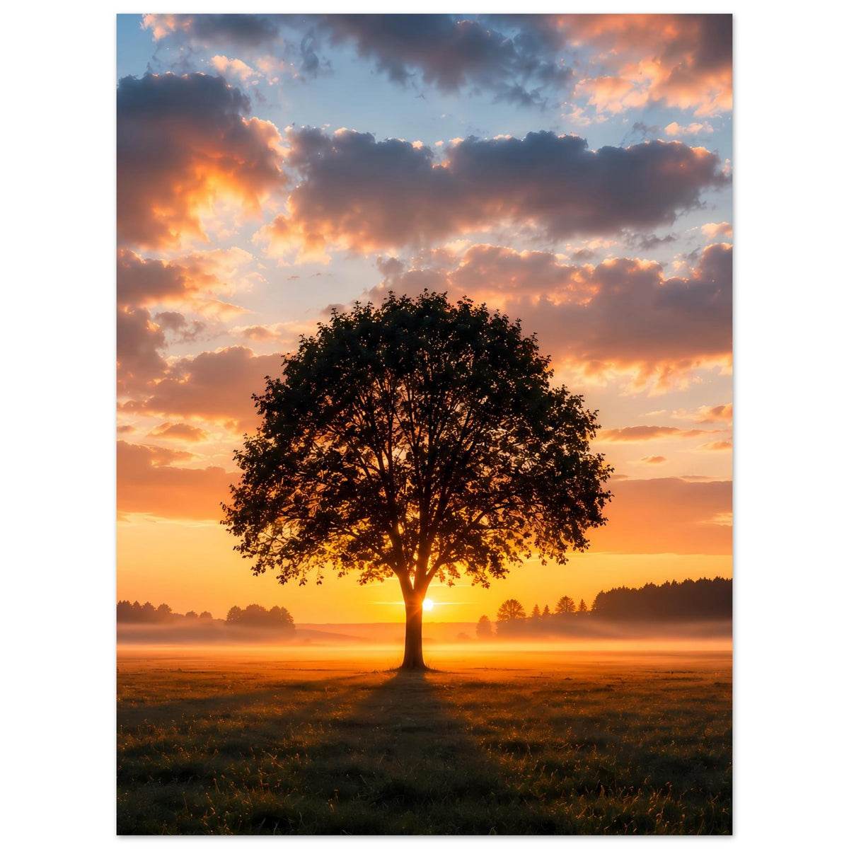 Vertikales Poster mit einsamem Baum, orange Abendwolken und Morgennebel-Landschaft