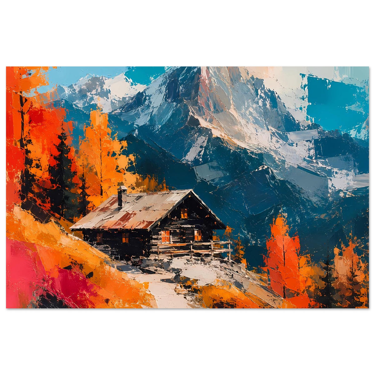 Horizontales Wandposter mit Berghütte im Gebirge, Herbstorange, blaues Bergpanorama