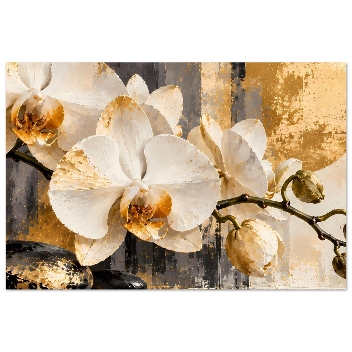 Orchideen-Poster mit weißen Blüten, gold-braunem Strukturmotiv und dunkler Vase