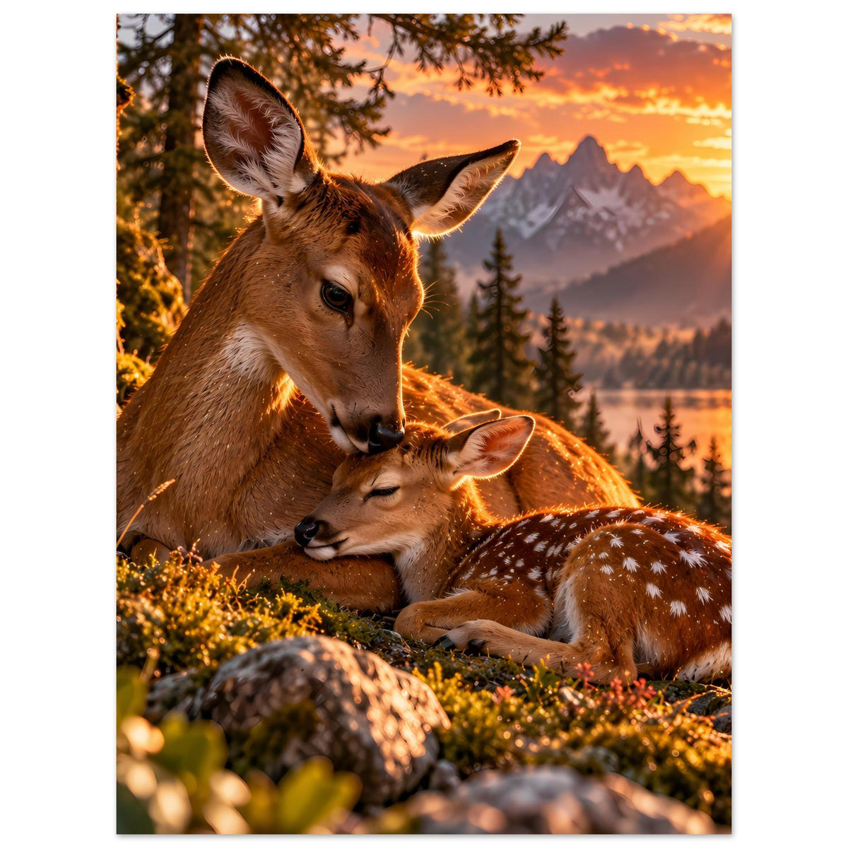 Poster im Hochformat mit Hirsch und Rehkitz, detaillierte Augen und Ohren