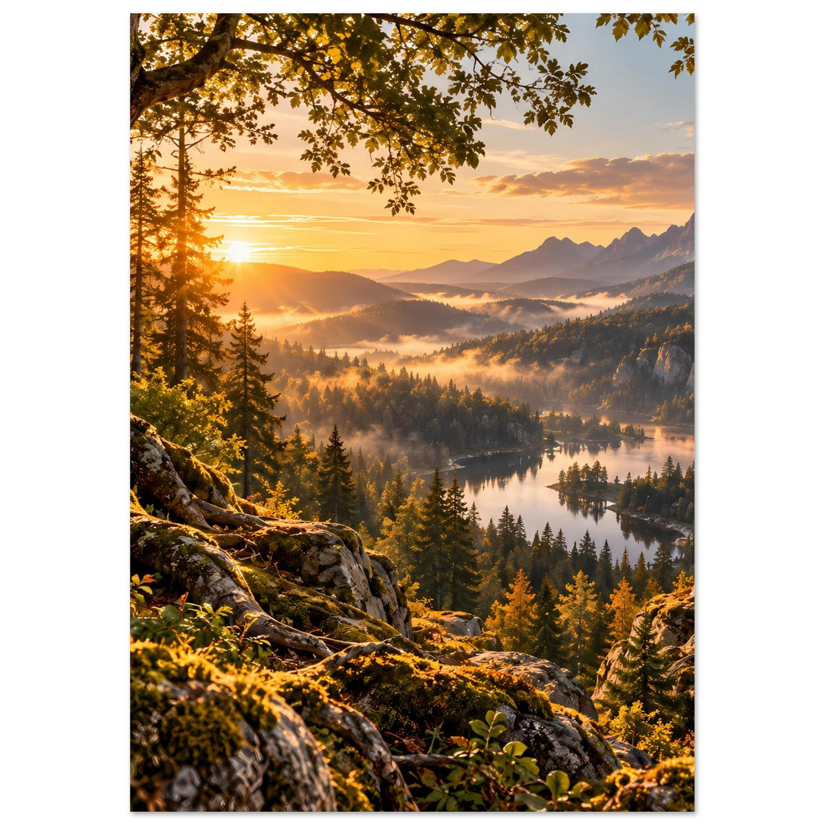 Landschaftsposter mit Sonnenaufgang, Bergkette im Dunst und Seeufer mit Nadelbäumen