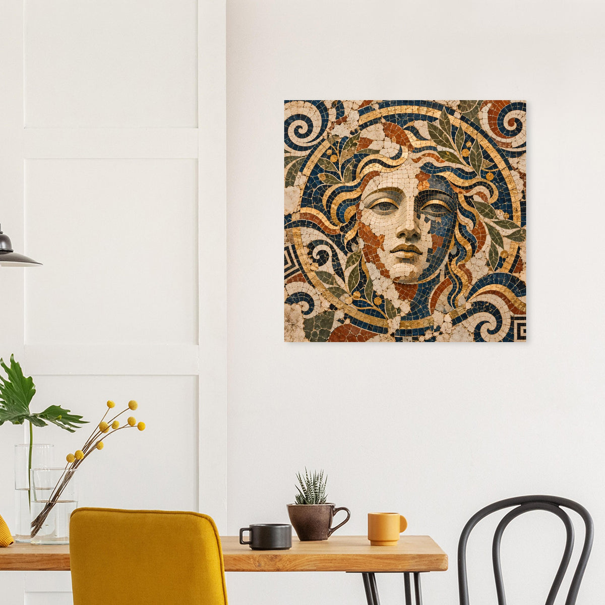 Quadratisches Poster mit Mosaik-Göttin im Mittelmeer-Stil, Blau, Gold und Beige