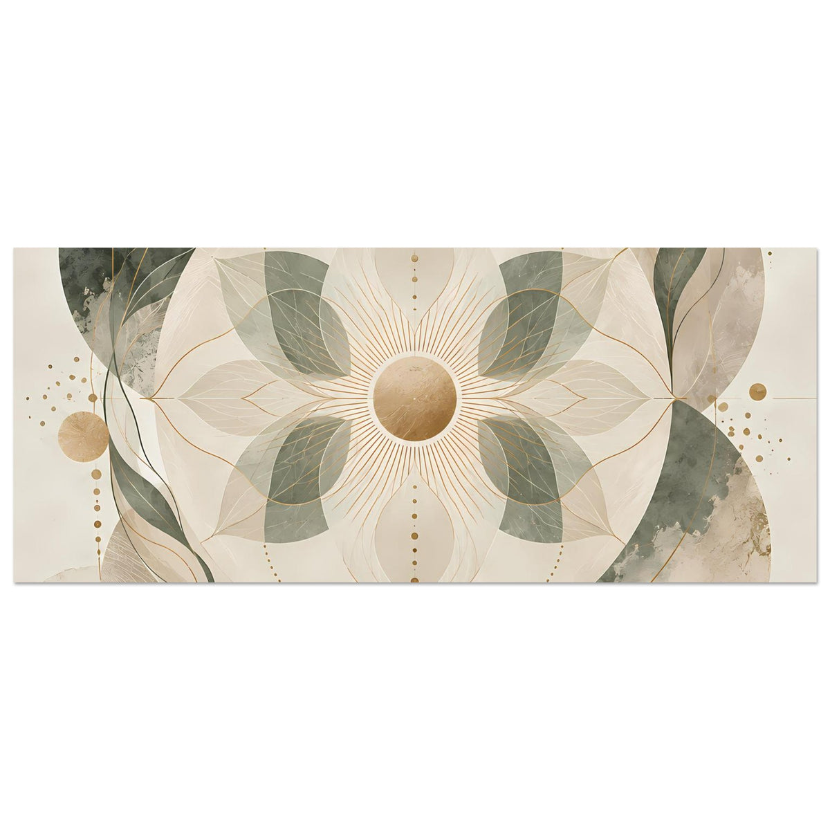 Zen-Poster mit Mandala in Beige, Grün und Gold, horizontale Ansicht mit großen Kreisflächen.