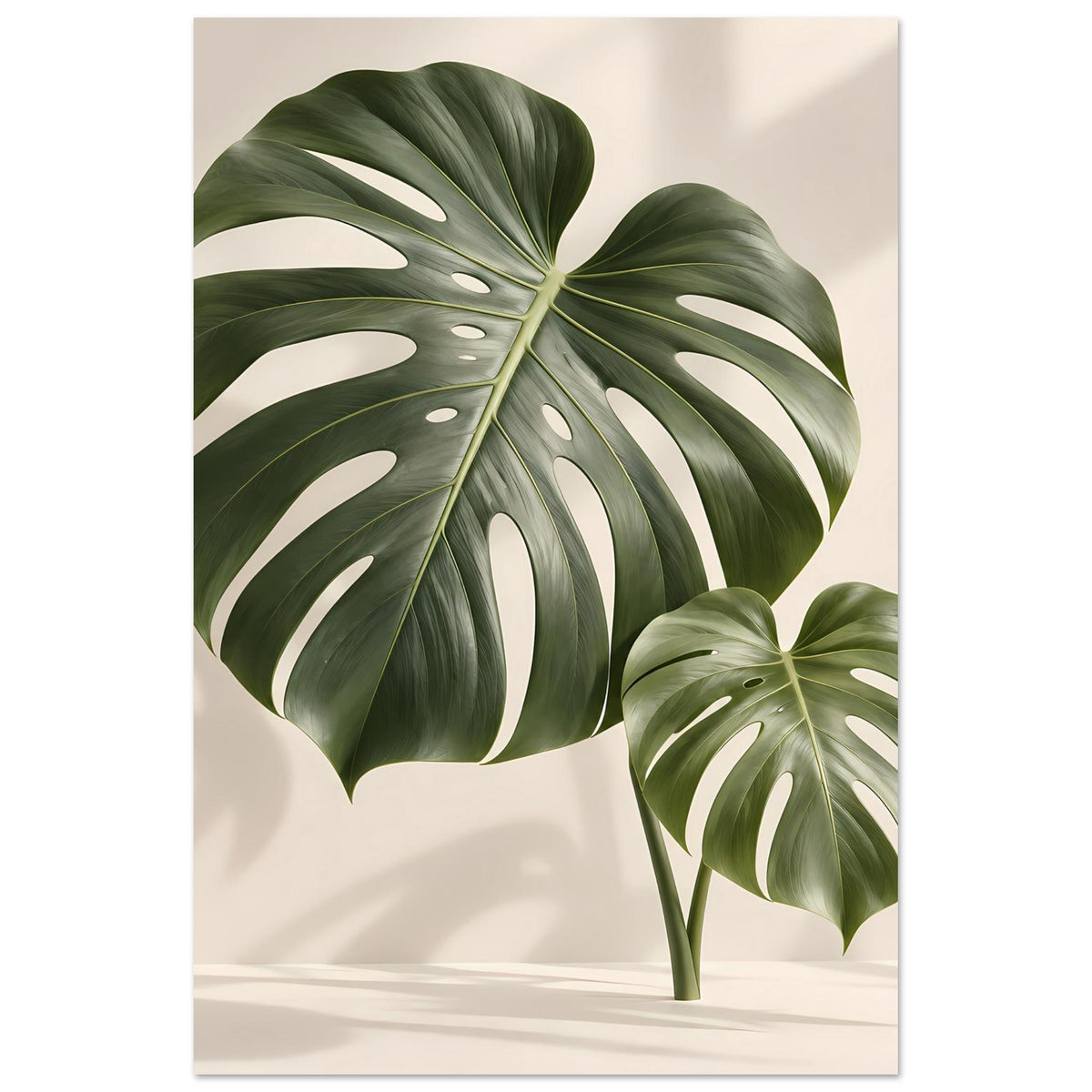 Monstera-Blattposter im Hochformat: grünes Blatt mit weißen Aussparungen