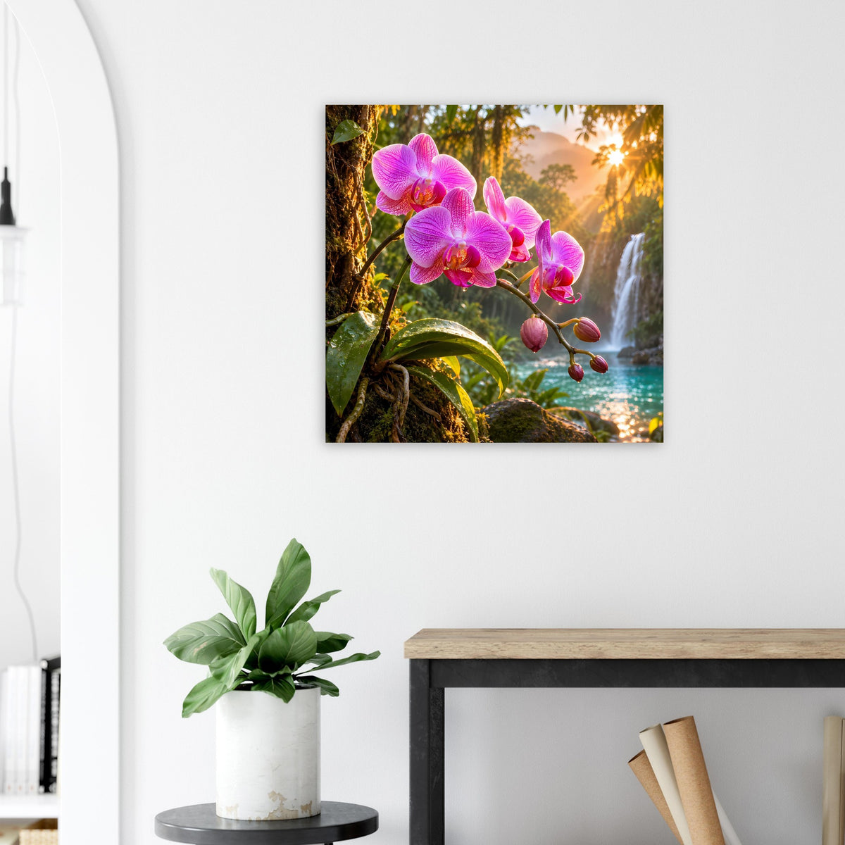 Gerahmtes Poster mit pinken Orchideen und Wasser-Landschaft