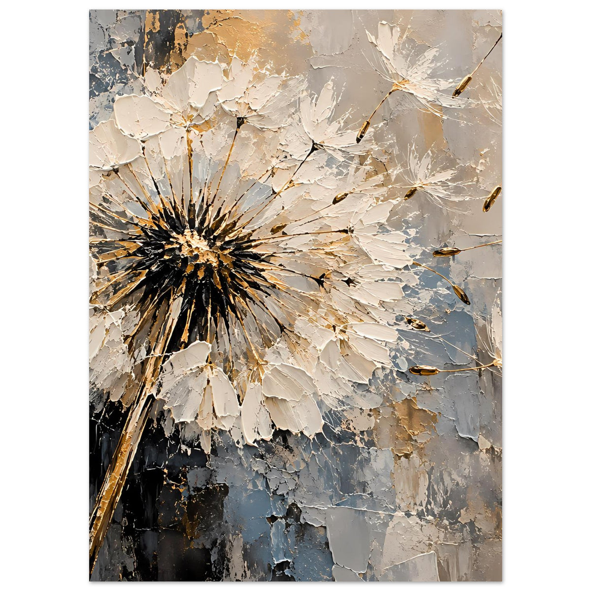 Vertikales Poster mit Dandelion-Motiv in Schwarz, Creme und Blau, Textur mit Goldakzenten