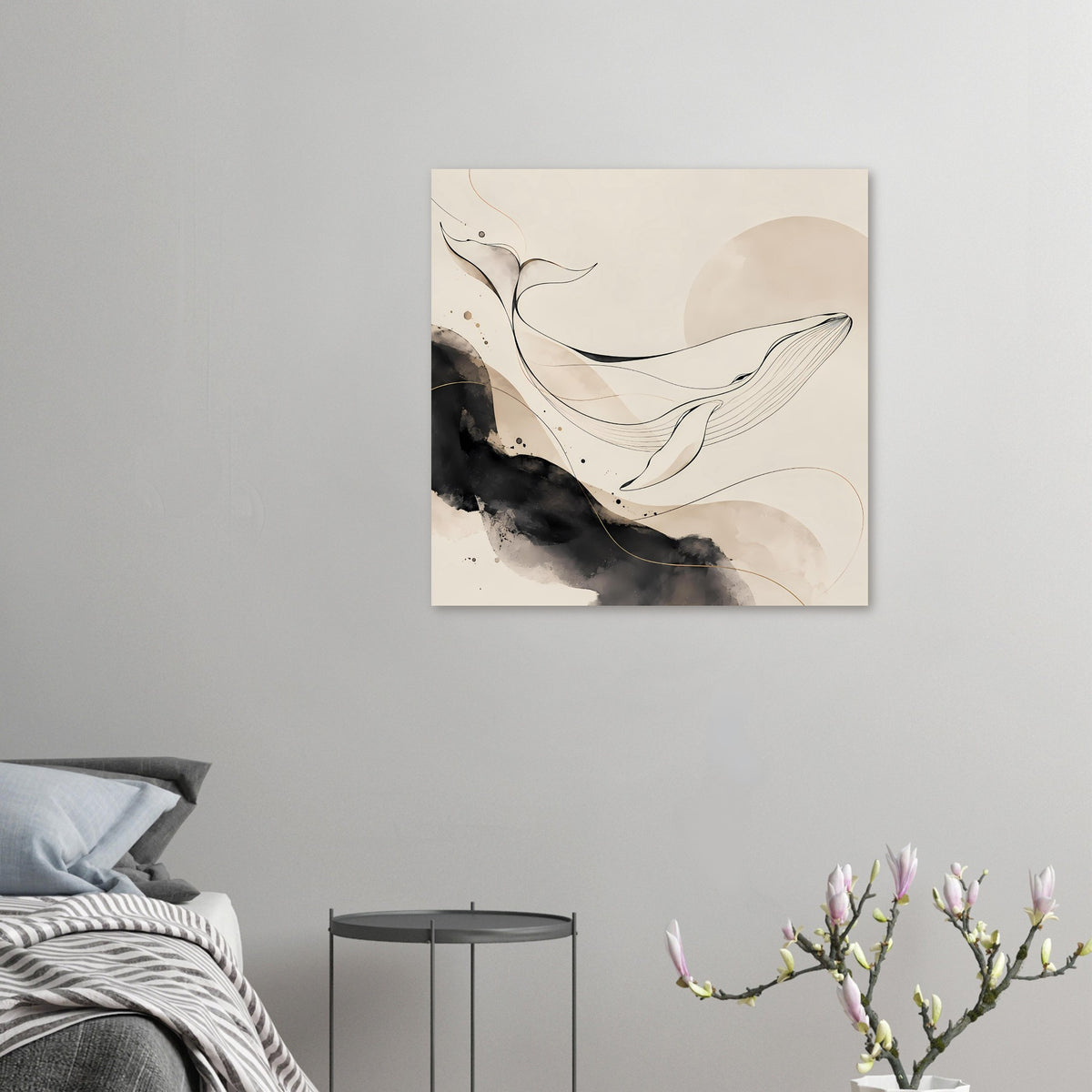 Kleines abstraktes Walposter mit Linienzeichnung und dunkler Aquarellspur, quer