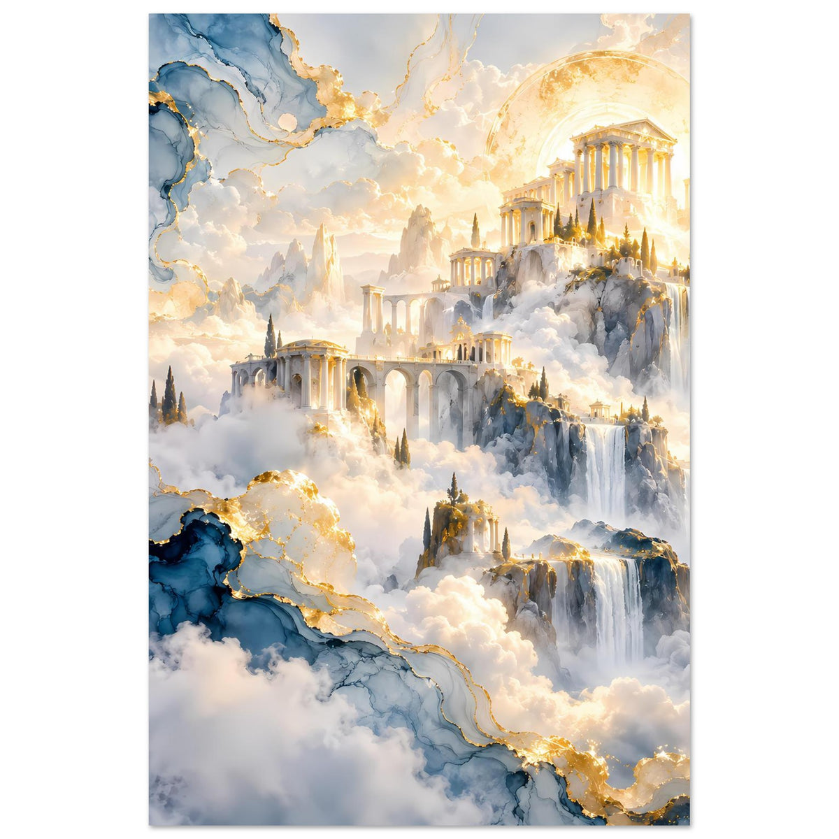 Hochformat-Poster mit blauem Gewölk, goldenen Details, Tempelarchitektur und Wasserfällen