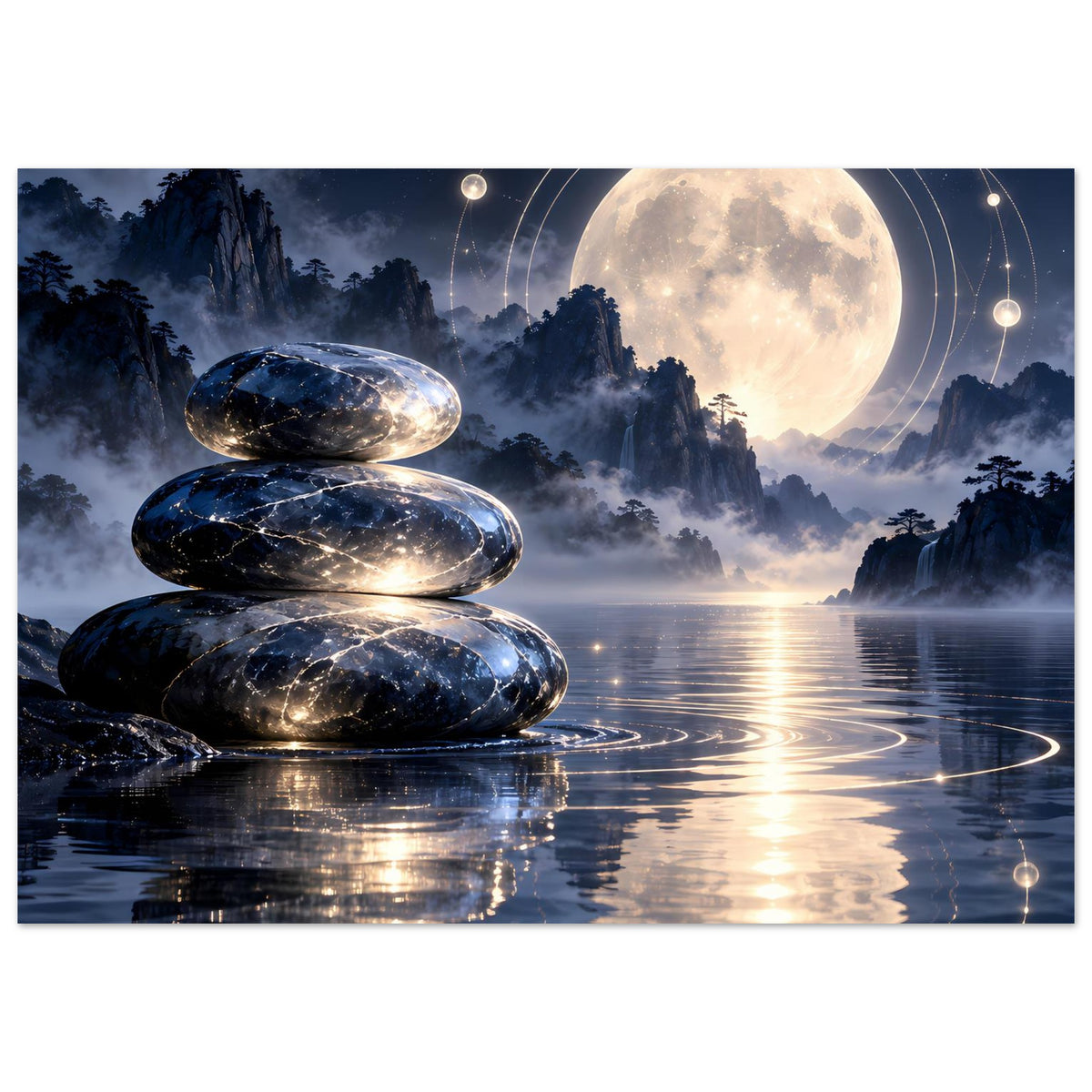 Poster: Zen-Steine, Mond am Himmel, leuchtende Kreise und ruhige Wasseroberfläche