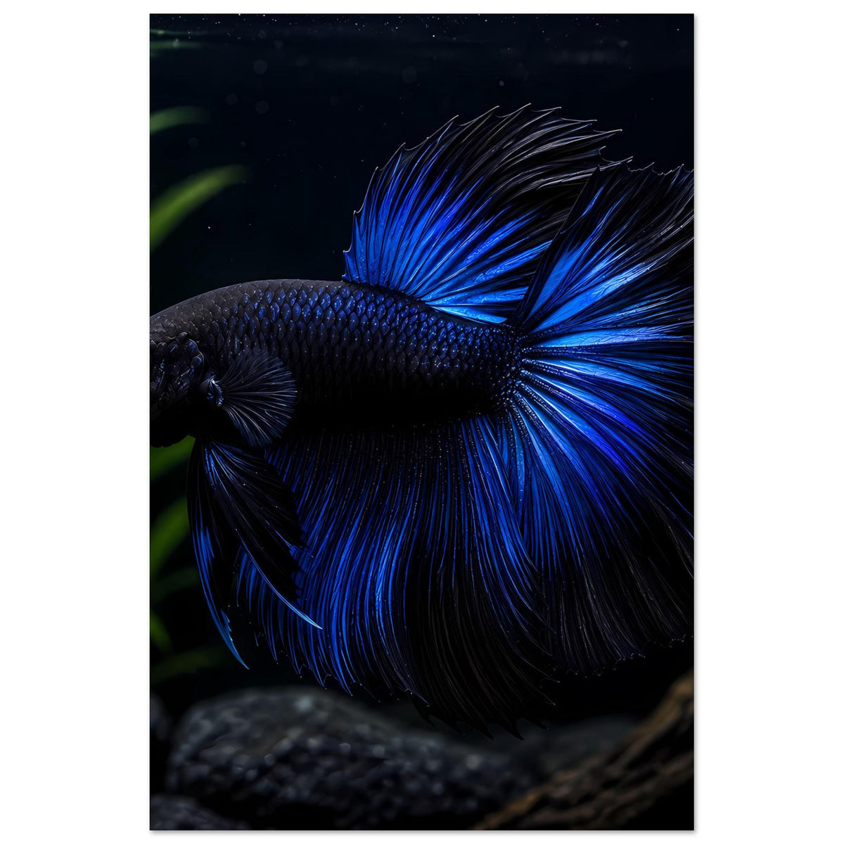 Vertikales Poster mit blauem Betta-Kampffisch, Nahaufnahme vom Flossenschweif