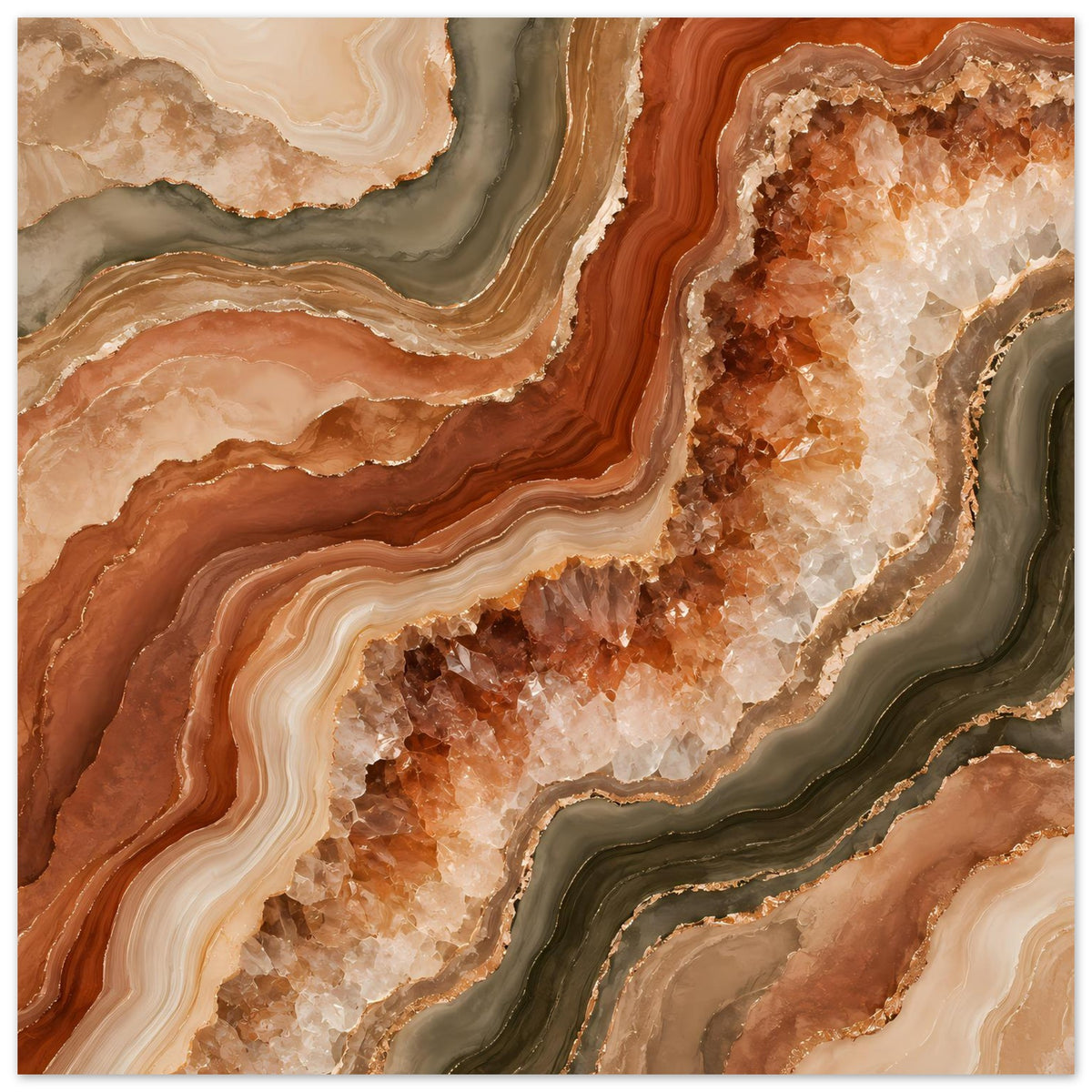 Geoden-Poster-Close-up mit Achatwellen und steiniger Kristallstruktur in Rostbraun und Creme