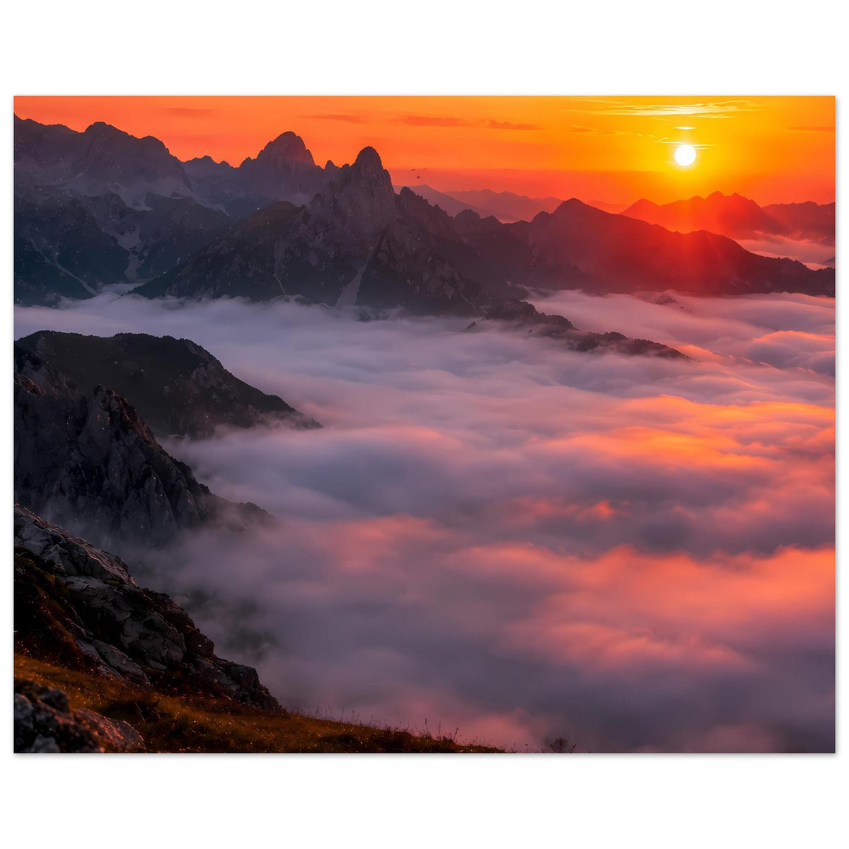 Poster: Sonnenuntergang über Bergmassiv, goldene Sonne am Himmel, Nebel im Tal.
