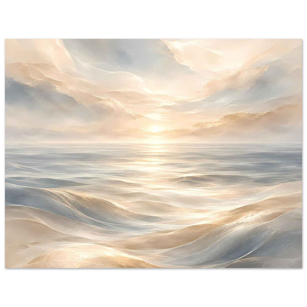 Wandposter Ozeanwellen im Morgenlicht, warme Sonnenreflexe, beige-graue Farbtöne