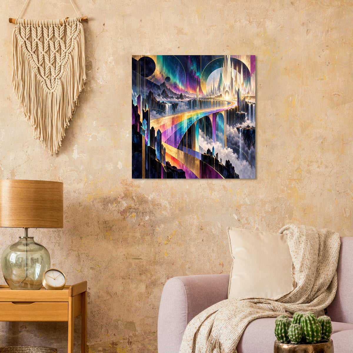Poster mit Regenbogen-Brücke, bunten Lichtspuren und Hochhäusern im Fantasie-Stil