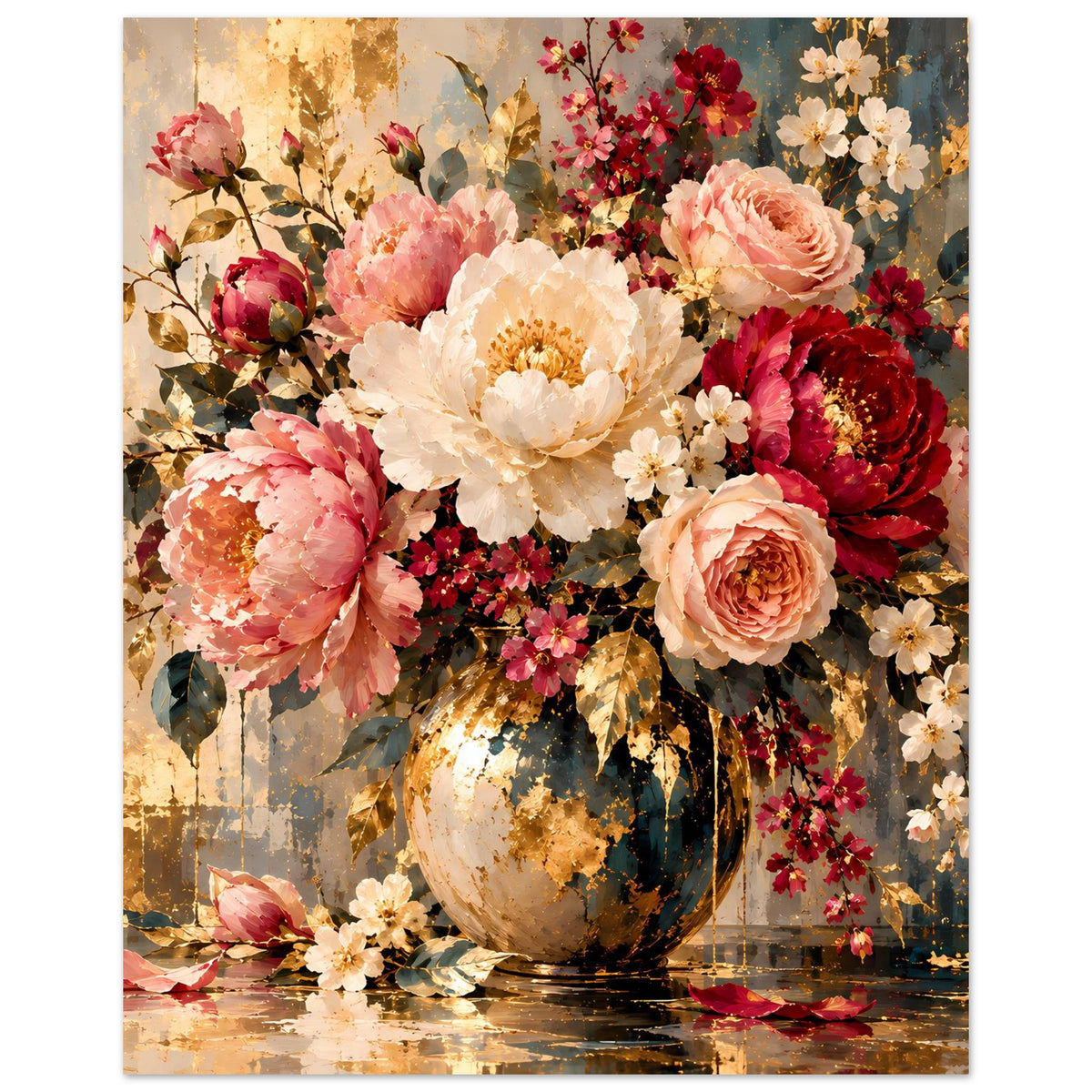 Blumenposter im Querformat: bunte Pfingstrosen und Blüten in einer Glasvase