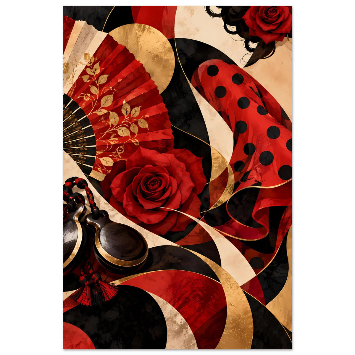 Flamenco-Poster: roter Handfächer, rote Rose, goldene Ornamente und gepunktetes Kleidmotiv.