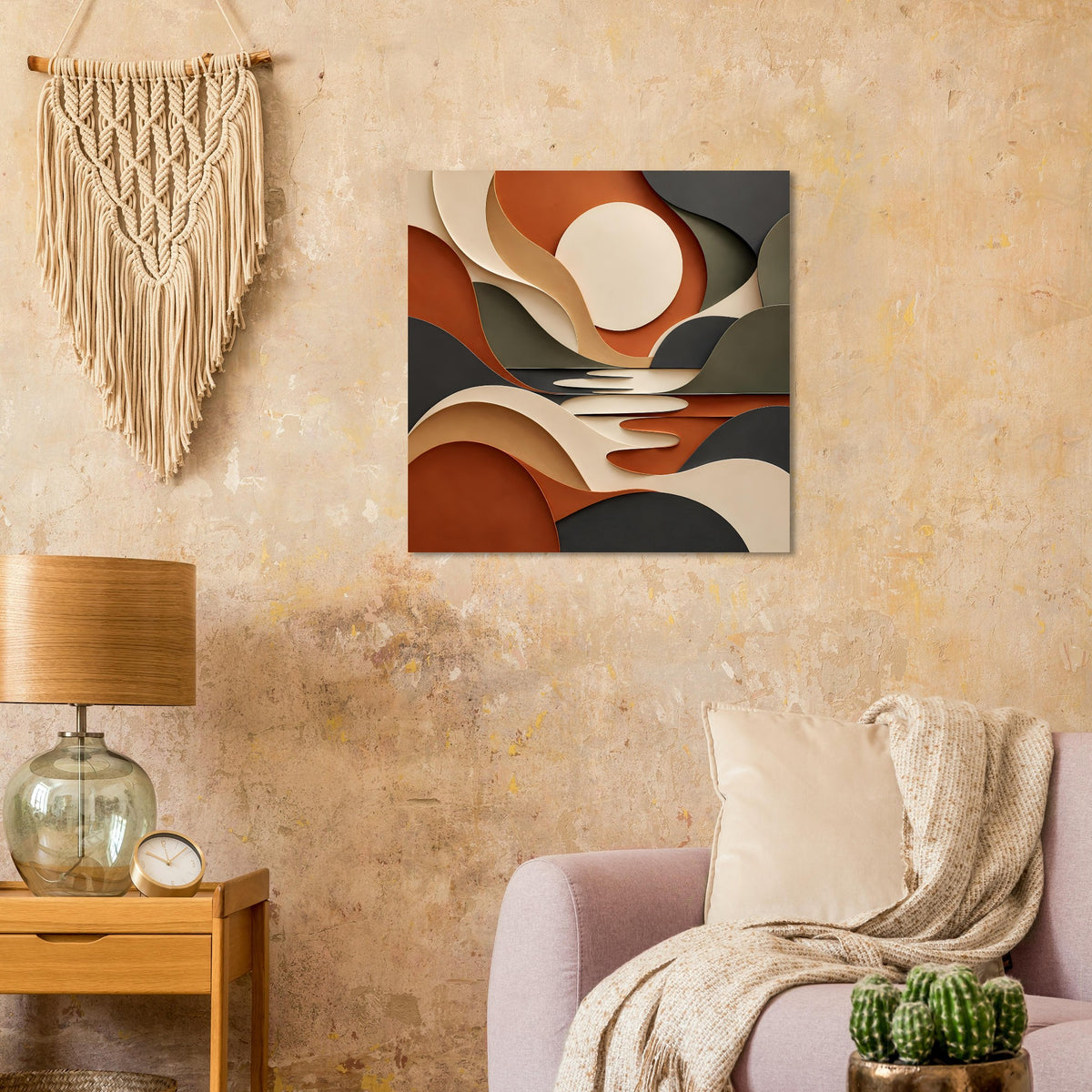 Kunstposter mit organischen Formen in Terrakotta, Creme und dunklem Anthrazit