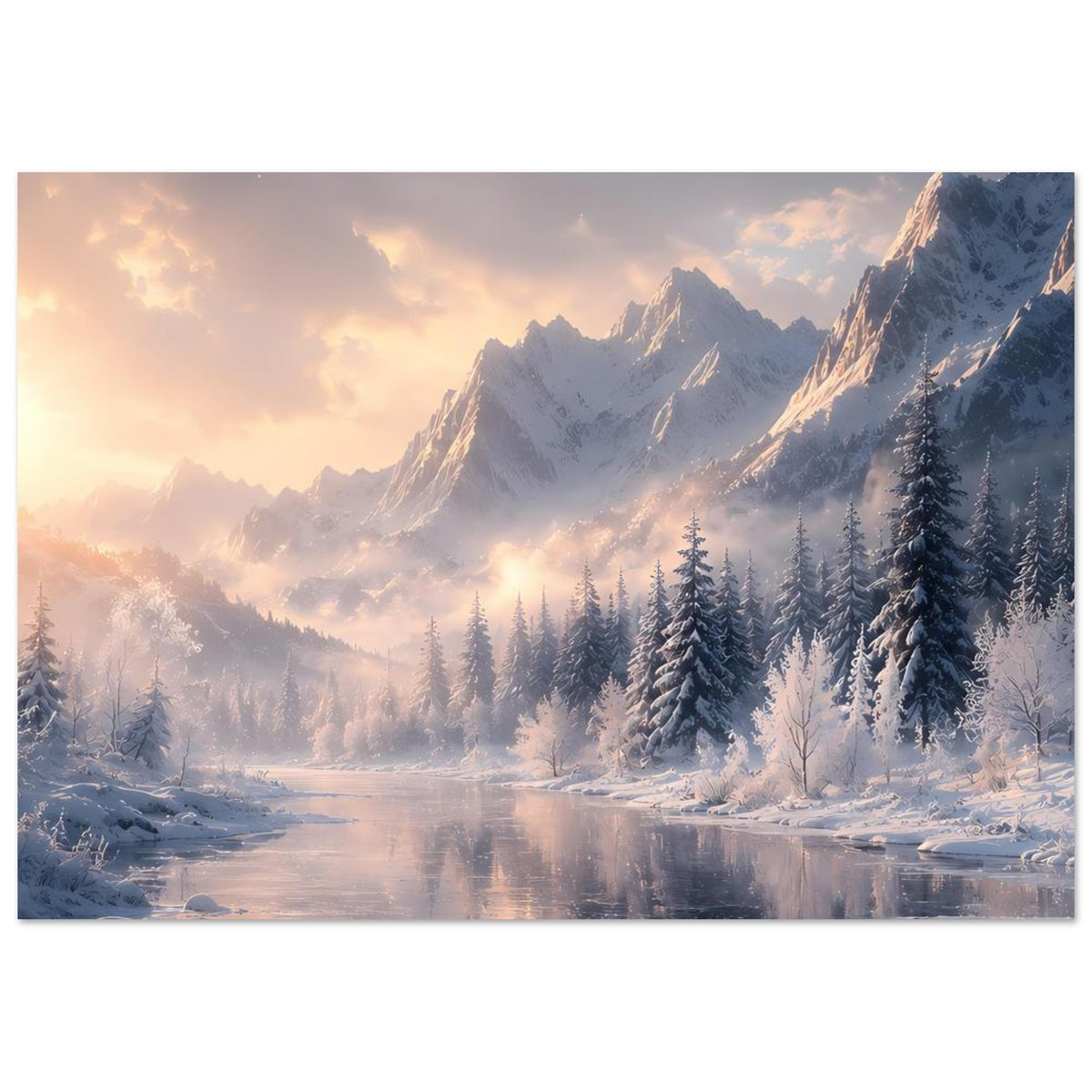 Winterlandschaft-Poster im Querformat: schneebedeckte Berge, dichte Tannen und ruhiger Fluss