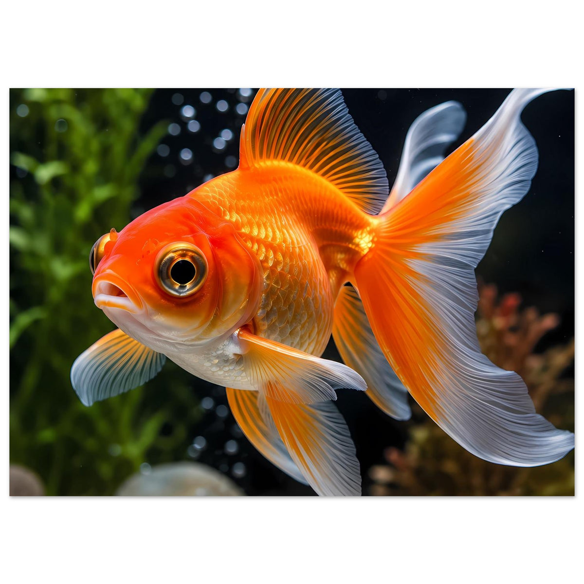 Horizontales Poster mit orangefarbenem Goldfisch und weißen Flossen, Nahansicht